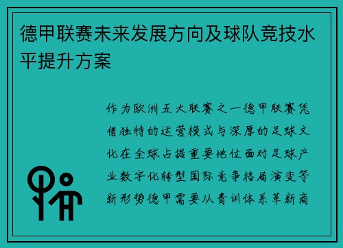 德甲联赛未来发展方向及球队竞技水平提升方案